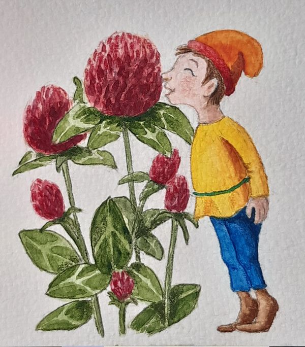 Wichtel mit Klee, Aquarell